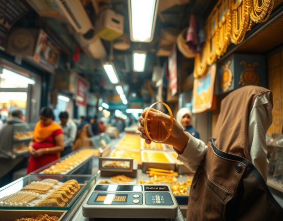 Pakistani goldsmith weighing gold jewelry in a market shop.