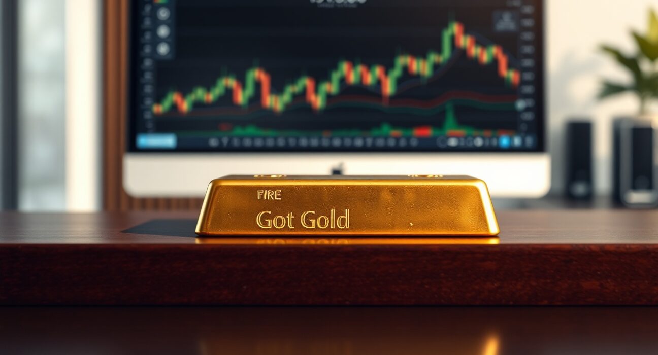 Close-up of a gold bar on a wooden desk with a financial chart in the background.