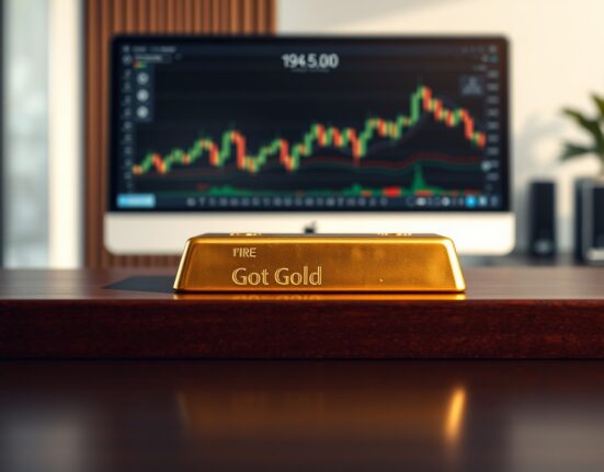 Close-up of a gold bar on a wooden desk with a financial chart in the background.