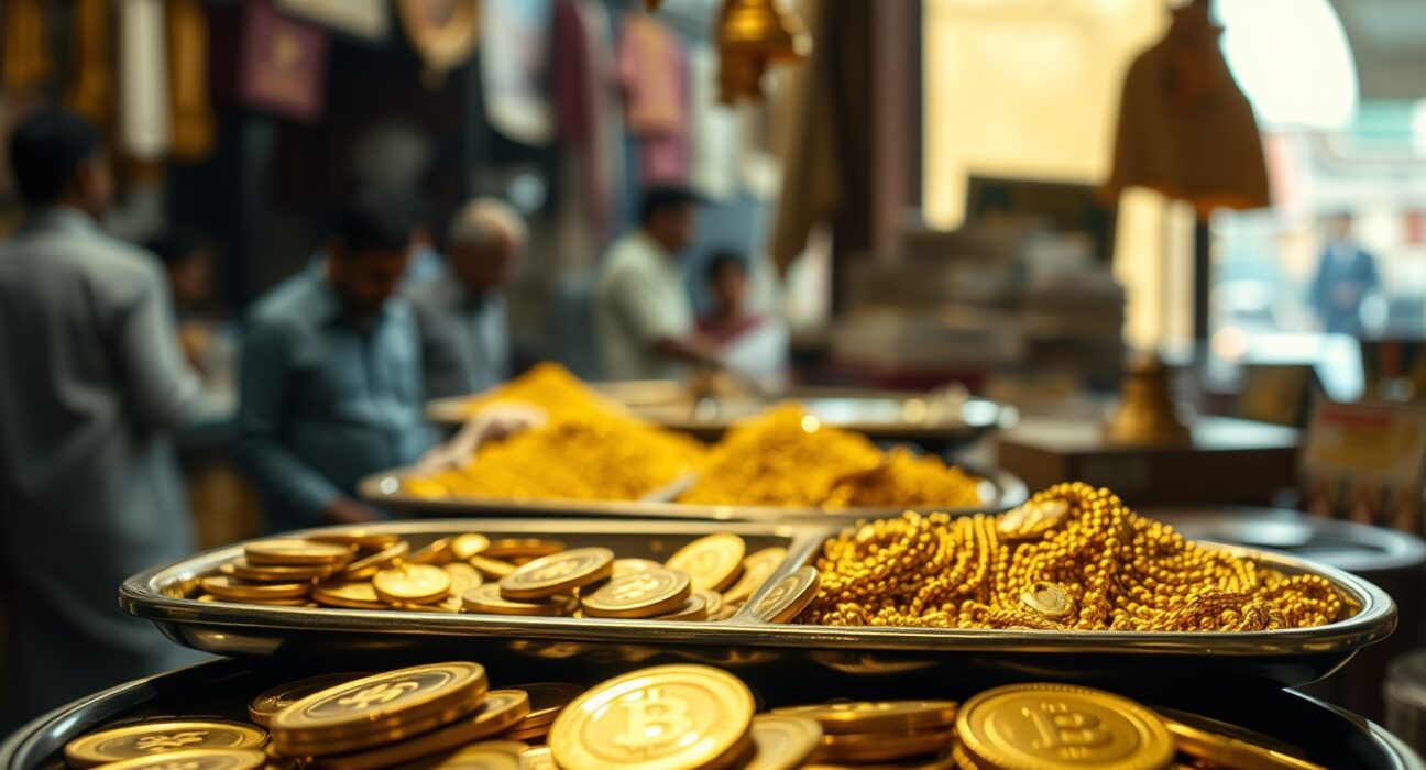 Gold jewelry and coins displayed in a Pakistani goldsmith's shop, representing the gold market.