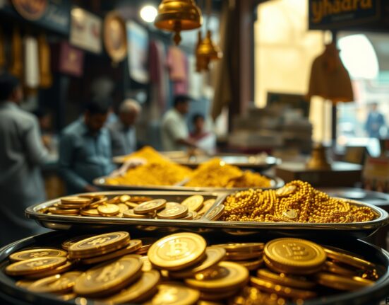Gold jewelry and coins displayed in a Pakistani goldsmith's shop, representing the gold market.