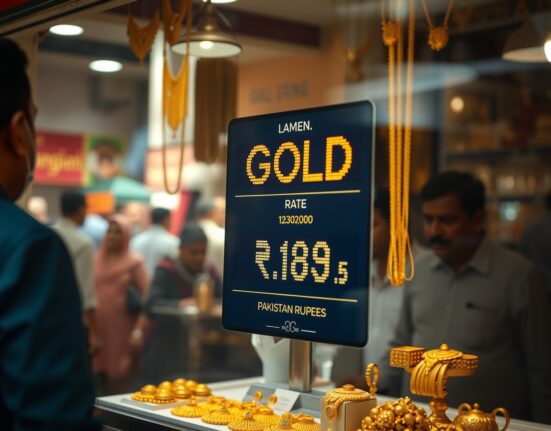 Digital display board showing gold price in a Pakistani jewelry shop