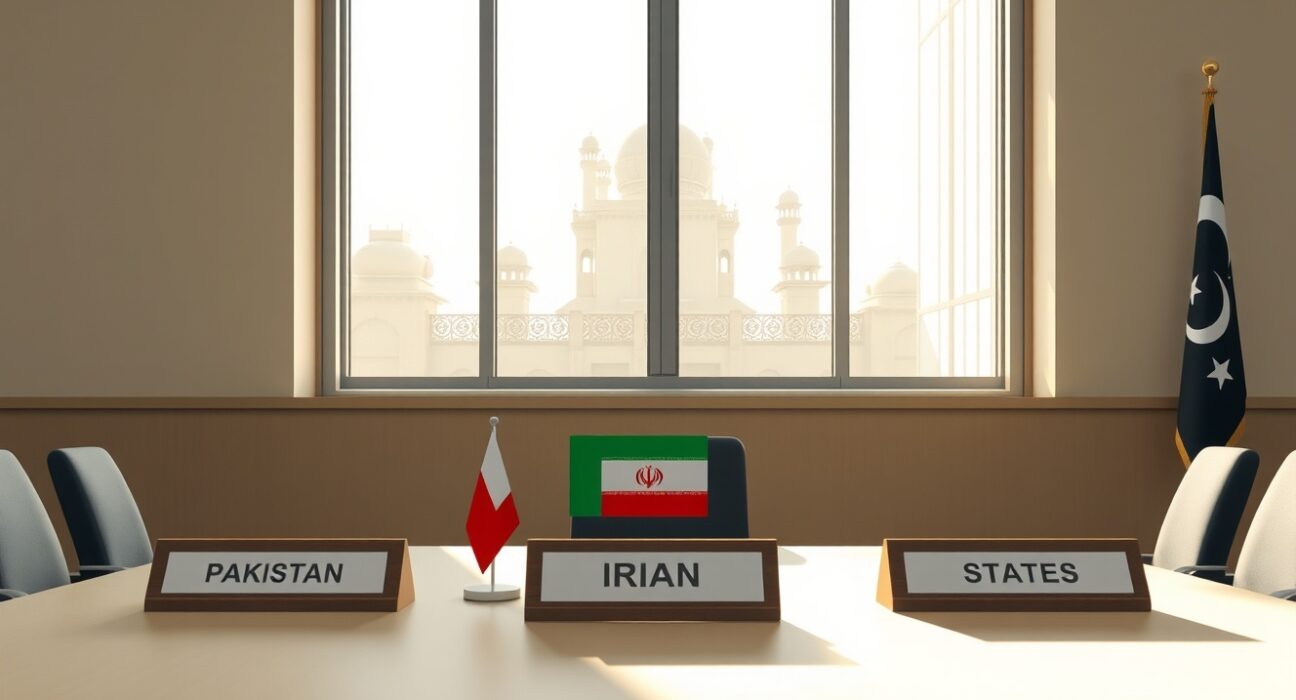 Diplomatic meeting table in Islamabad awaiting Iran's decision on peace talks with Pakistan and United States