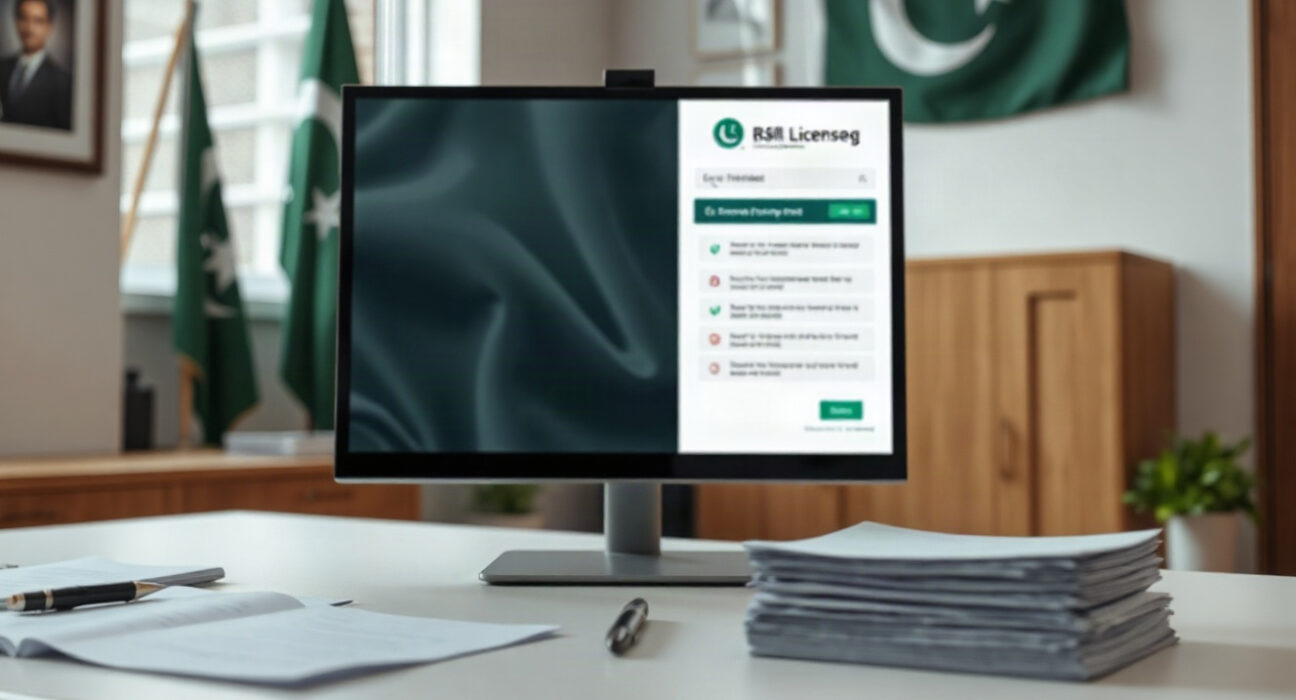 Regulatory office in Pakistan with computer showing a licensing application interface and official documents.