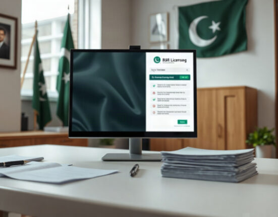 Regulatory office in Pakistan with computer showing a licensing application interface and official documents.