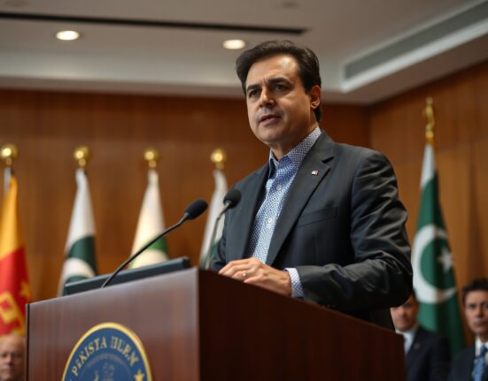Pakistan Prime Minister Shahbaz Sharif speaking at a press conference in Islamabad about US-Iran deal expectations.