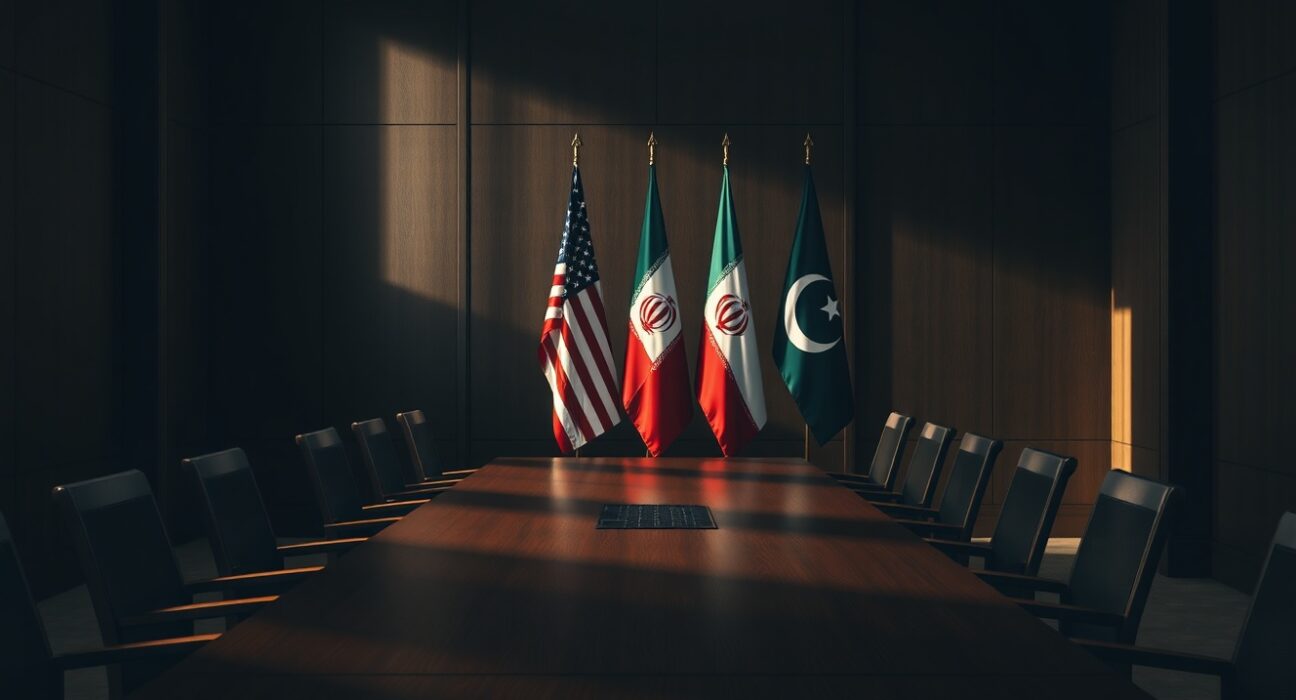 Flags of the United States, Iran, and Pakistan in a diplomatic meeting room.