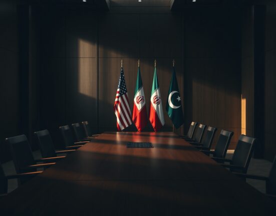 Flags of the United States, Iran, and Pakistan in a diplomatic meeting room.