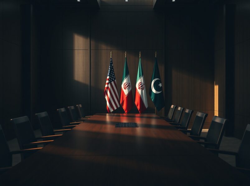 Flags of the United States, Iran, and Pakistan in a diplomatic meeting room.