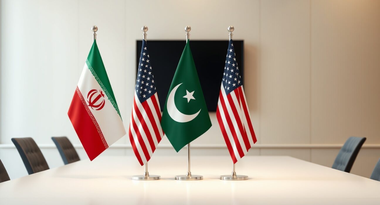Symbolic representation of Iran-US ceasefire agreement mediated by Pakistan with national flags on conference table.