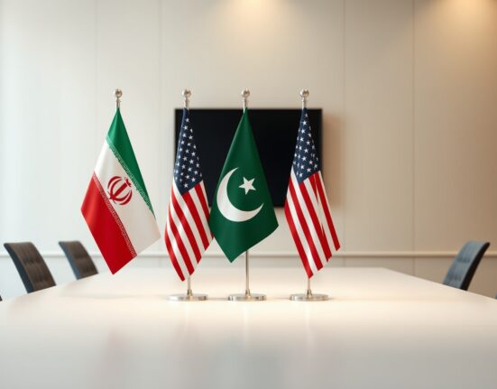 Symbolic representation of Iran-US ceasefire agreement mediated by Pakistan with national flags on conference table.