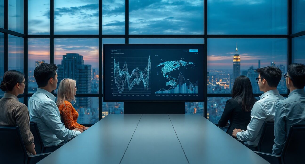 Business professionals in a modern boardroom viewing AI analytics on a large screen