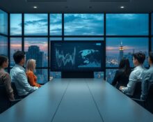 Business professionals in a modern boardroom viewing AI analytics on a large screen