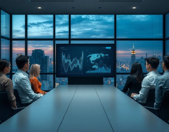 Business professionals in a modern boardroom viewing AI analytics on a large screen