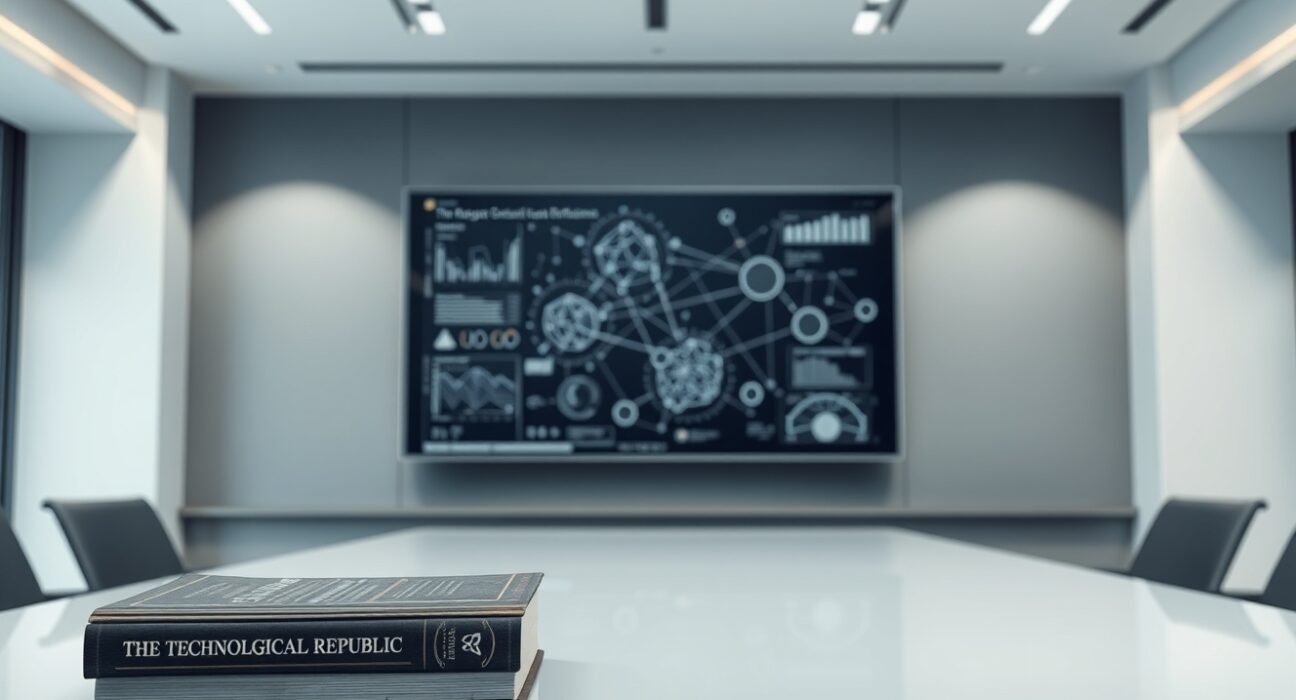 Palantir's corporate ideology displayed in boardroom setting with The Technological Republic book