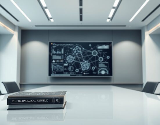 Palantir's corporate ideology displayed in boardroom setting with The Technological Republic book