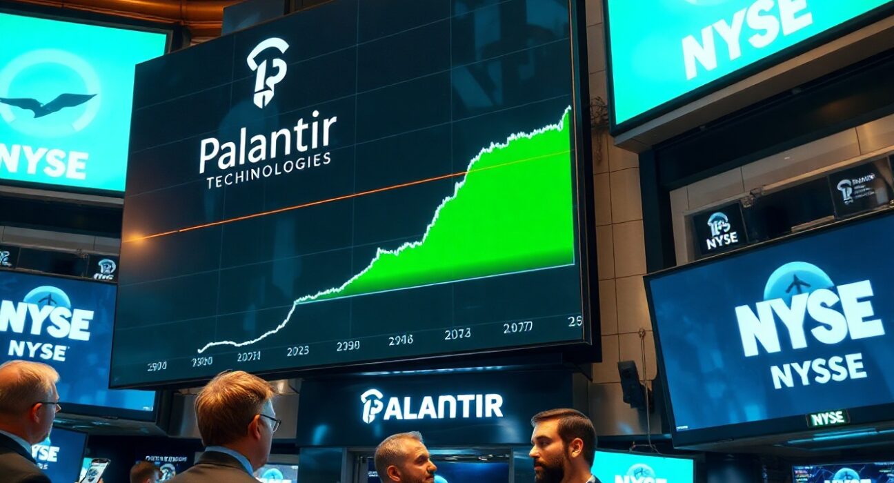 Traders on the NYSE floor watching a screen displaying Palantir's stock chart with an upward trend.