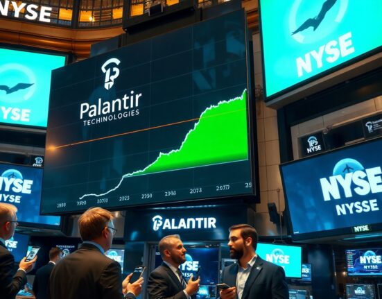 Traders on the NYSE floor watching a screen displaying Palantir's stock chart with an upward trend.