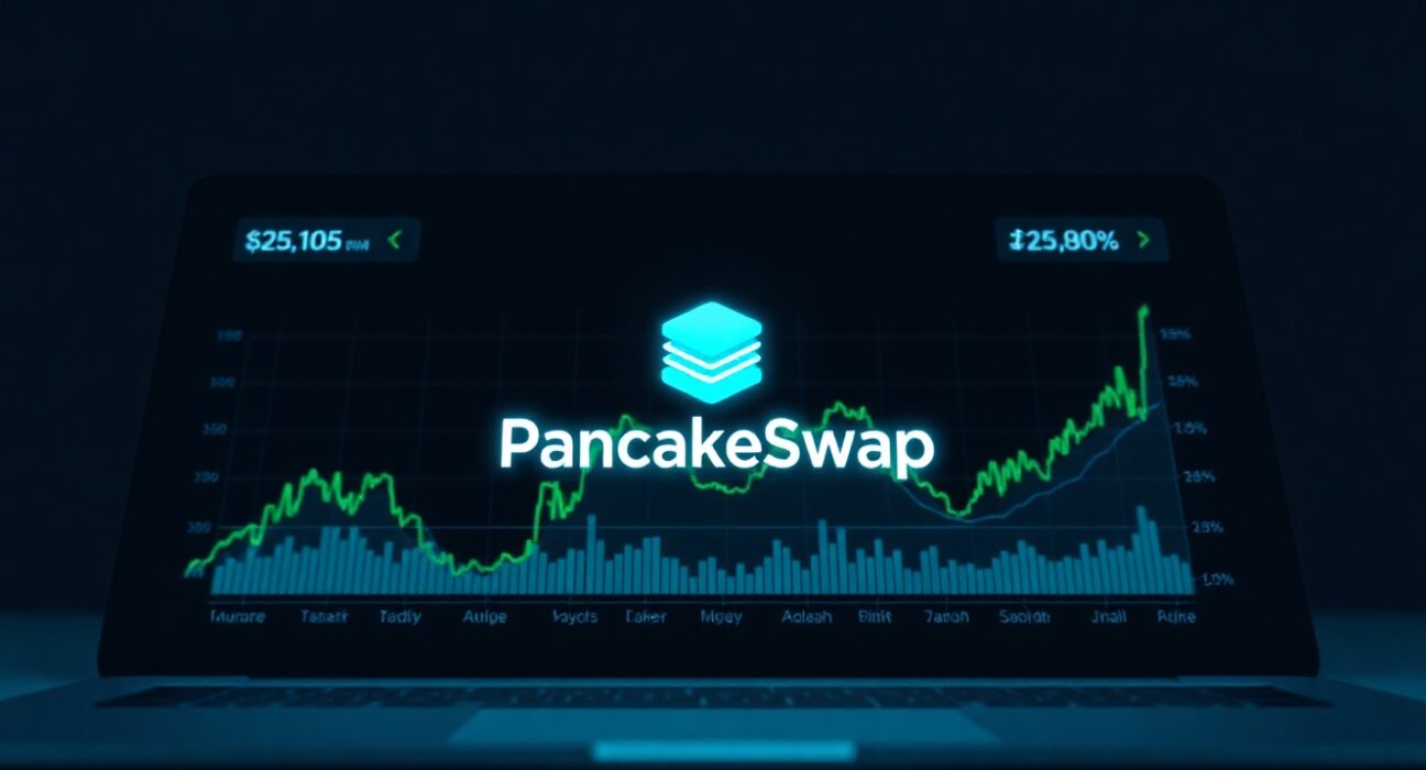 PancakeSwap logo on a financial dashboard with charts and upward trends, representing CAKE price analysis.