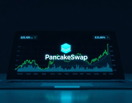 PancakeSwap logo on a financial dashboard with charts and upward trends, representing CAKE price analysis.