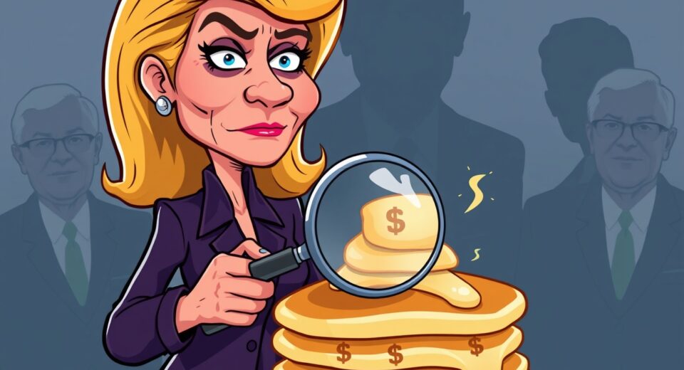 Cartoon illustration of a political figure investigating the PancakeSwap platform for alleged misconduct.