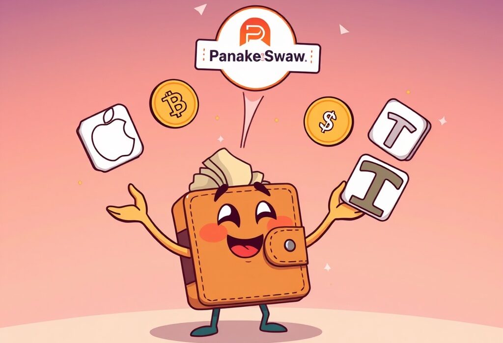 A cartoon illustration showing a crypto wallet icon interacting with stock ticker symbols (AAPL, AMZN, TSLA) and the PancakeSwap logo, representing new PancakeSwap perpetuals for stock trading.