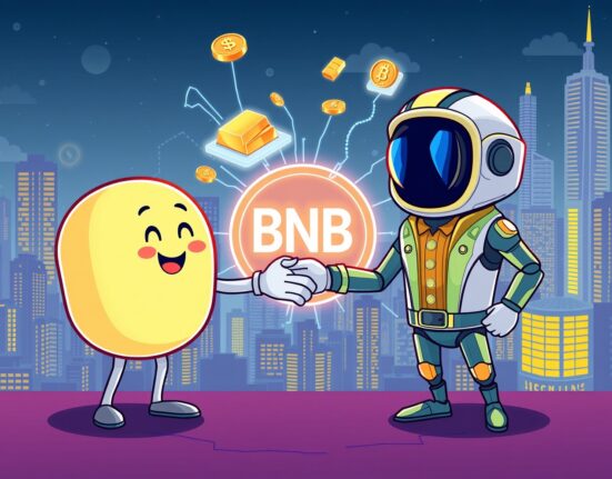 Cartoon showing PancakeSwap facilitating the integration of tokenized real-world assets (RWAs) with Ondo Finance on BNB Chain.