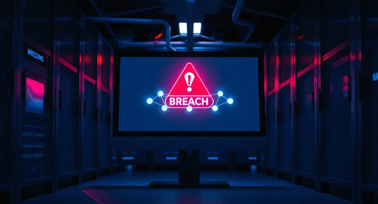 Server room with monitor showing blockchain network and security breach alert