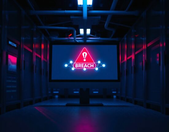 Server room with monitor showing blockchain network and security breach alert