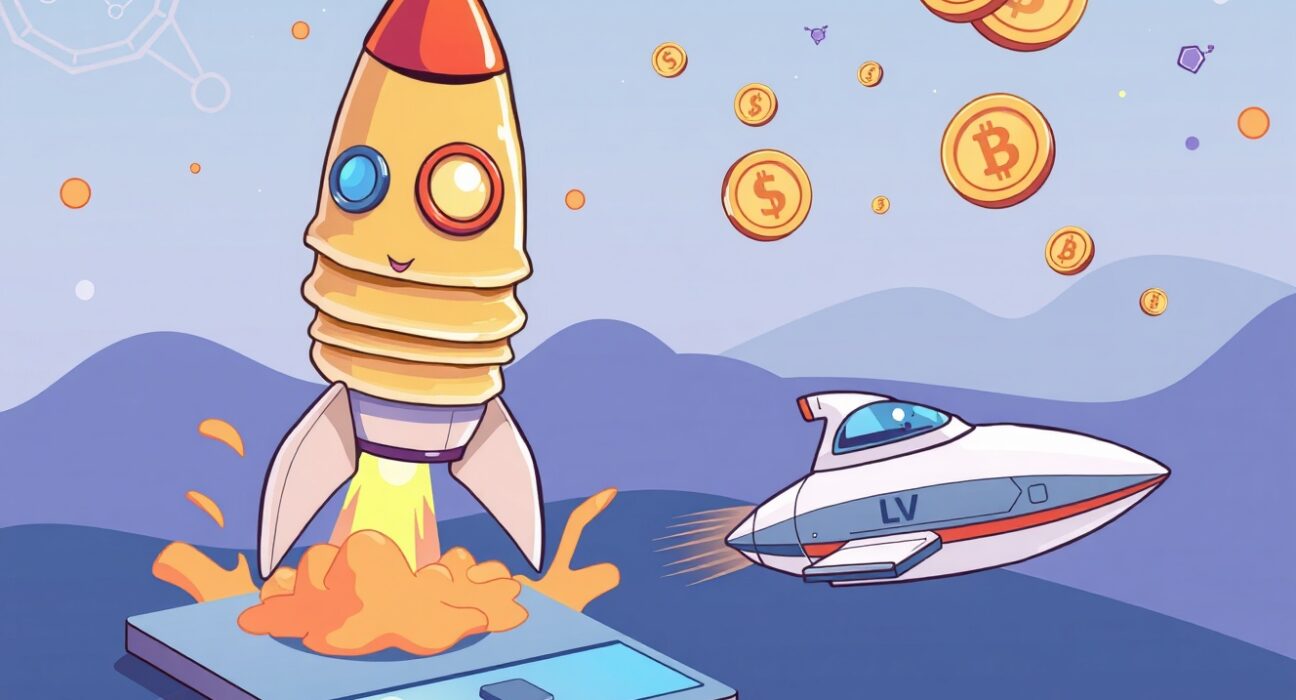PancakeSwap token sale launch illustrated as a vibrant rocket launch for the LeverUp project.