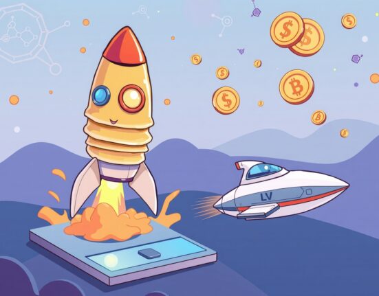 PancakeSwap token sale launch illustrated as a vibrant rocket launch for the LeverUp project.