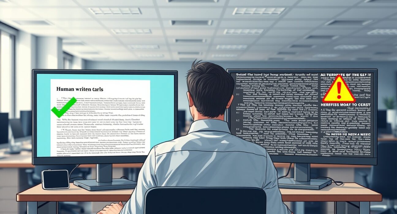 Journalist reviewing AI-generated and human-written content on dual monitors in a modern newsroom.