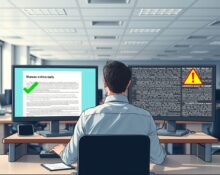 Journalist reviewing AI-generated and human-written content on dual monitors in a modern newsroom.