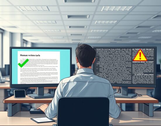 Journalist reviewing AI-generated and human-written content on dual monitors in a modern newsroom.