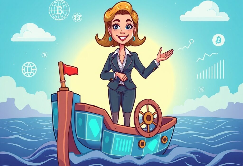 A cartoon illustration of Sunny Ng, the new Panony CEO, confidently leading a blockchain-themed ship towards global expansion.