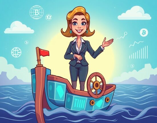 A cartoon illustration of Sunny Ng, the new Panony CEO, confidently leading a blockchain-themed ship towards global expansion.