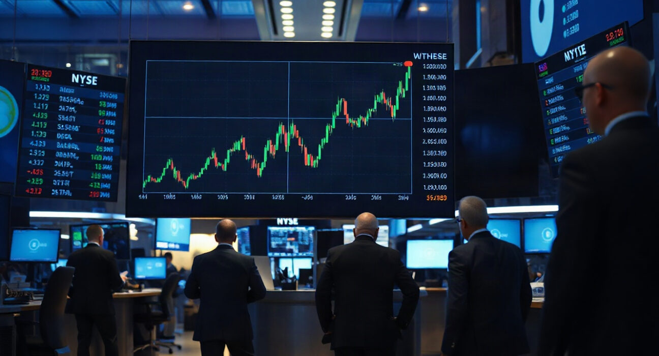 Trading floor screen showing a bullish Bitcoin price chart with green candles