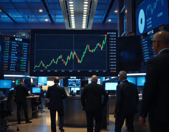 Trading floor screen showing a bullish Bitcoin price chart with green candles