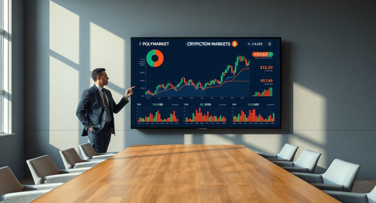 Analyst reviewing crypto prediction market data on a large screen in a modern office