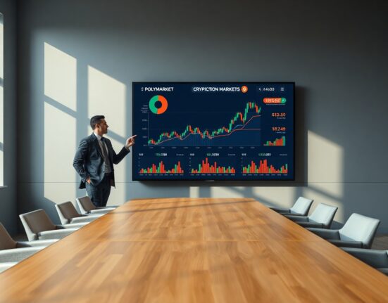 Analyst reviewing crypto prediction market data on a large screen in a modern office