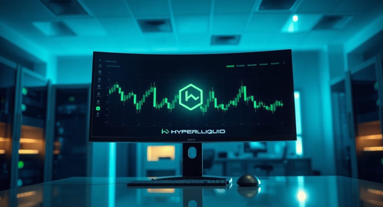 Trading monitor displaying Hyperliquid analytics and candlestick charts in a modern office