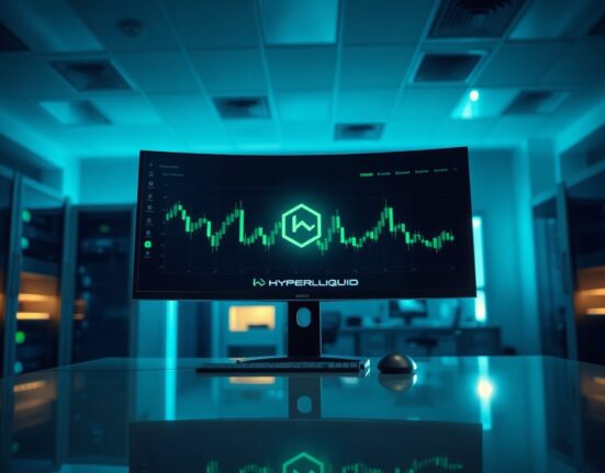 Trading monitor displaying Hyperliquid analytics and candlestick charts in a modern office