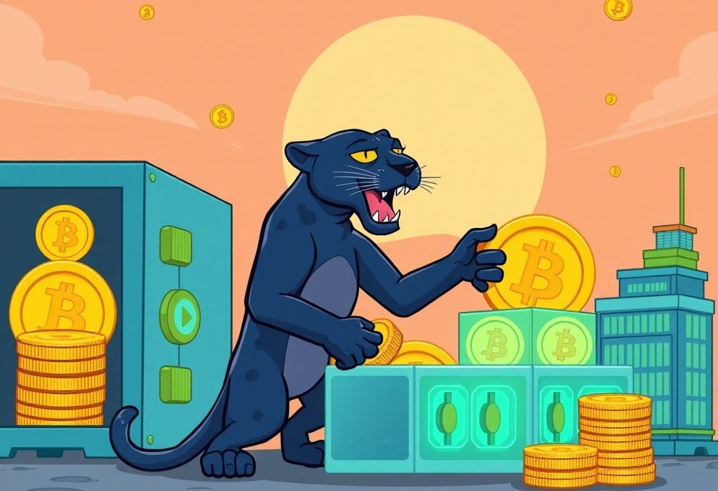 A vibrant cartoon illustration showing Pantera Capital invests significantly in digital asset treasury firms, symbolizing strategic growth in crypto.