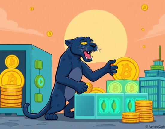 A vibrant cartoon illustration showing Pantera Capital invests significantly in digital asset treasury firms, symbolizing strategic growth in crypto.