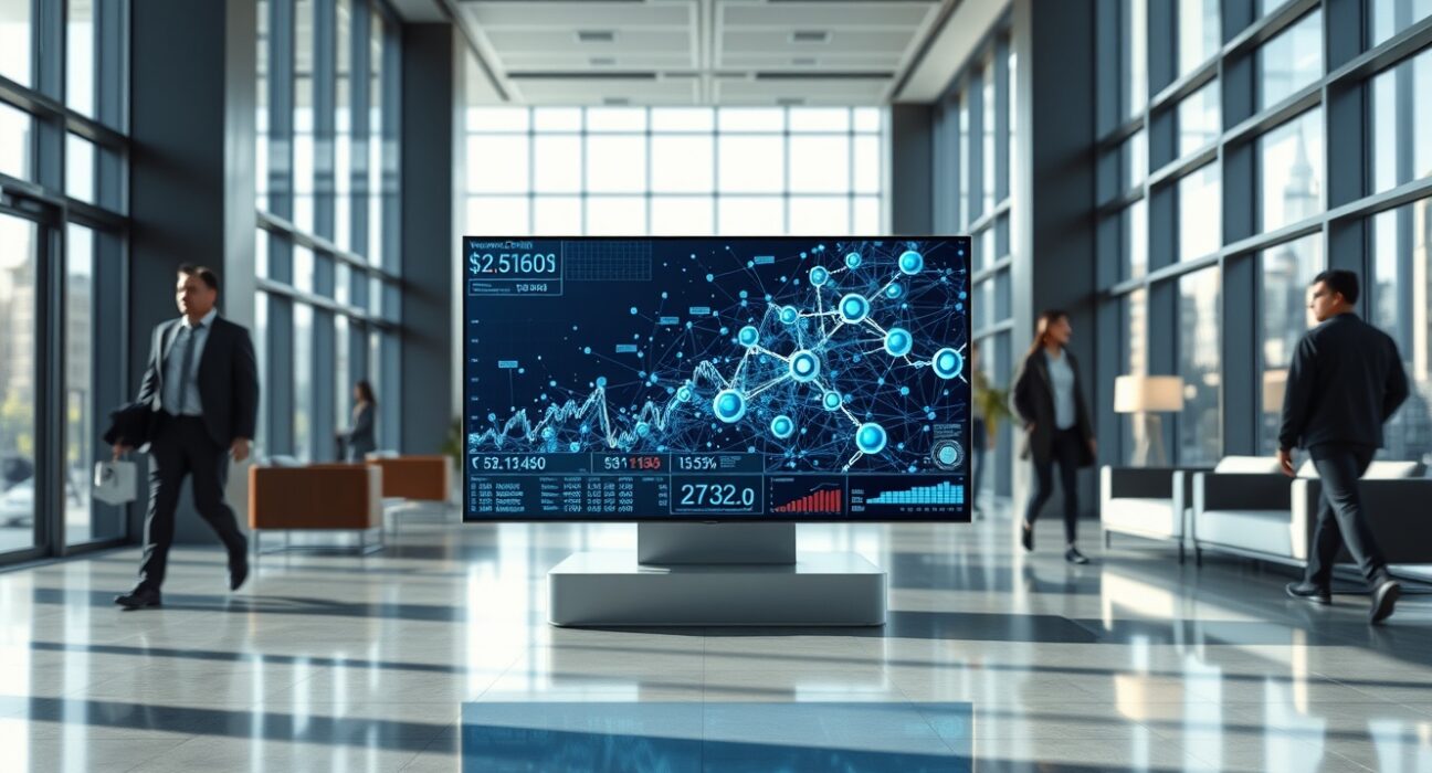 Modern office lobby with digital display showing financial data and network nodes