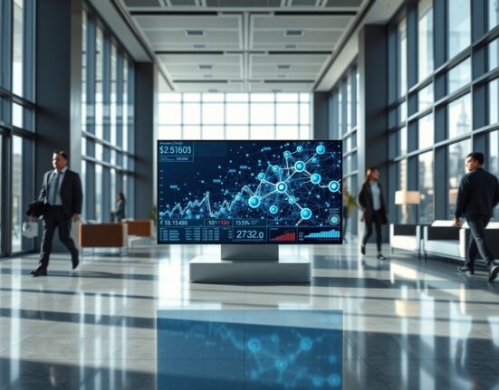 Modern office lobby with digital display showing financial data and network nodes