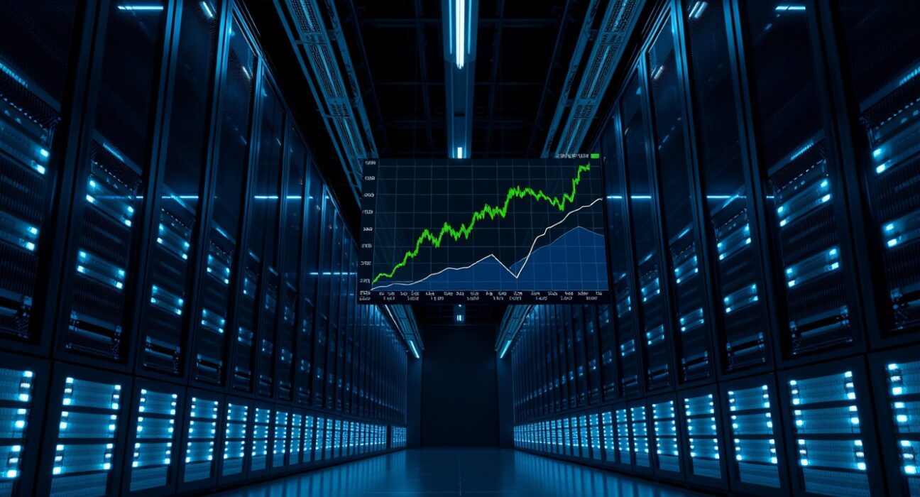 A view of a modern data center with a large screen showing an Ethereum price chart, representing institutional crypto trading activity.