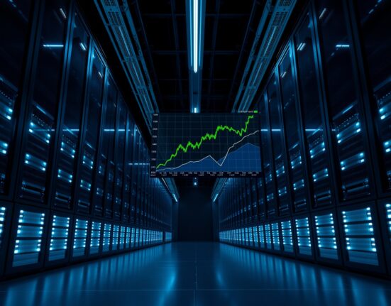 A view of a modern data center with a large screen showing an Ethereum price chart, representing institutional crypto trading activity.