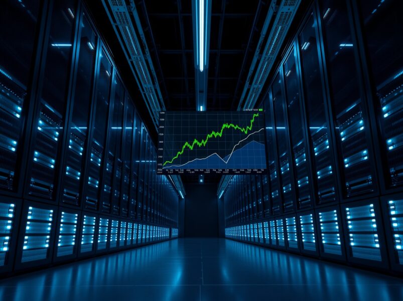A view of a modern data center with a large screen showing an Ethereum price chart, representing institutional crypto trading activity.