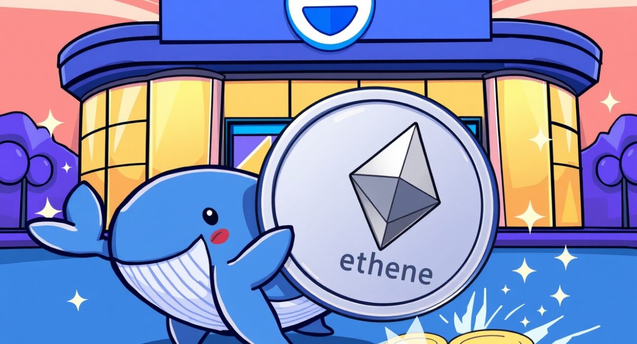 A vibrant cartoon illustration of a crypto whale depositing a large Ethereum coin to the Coinbase exchange, symbolizing a major institutional crypto transfer.